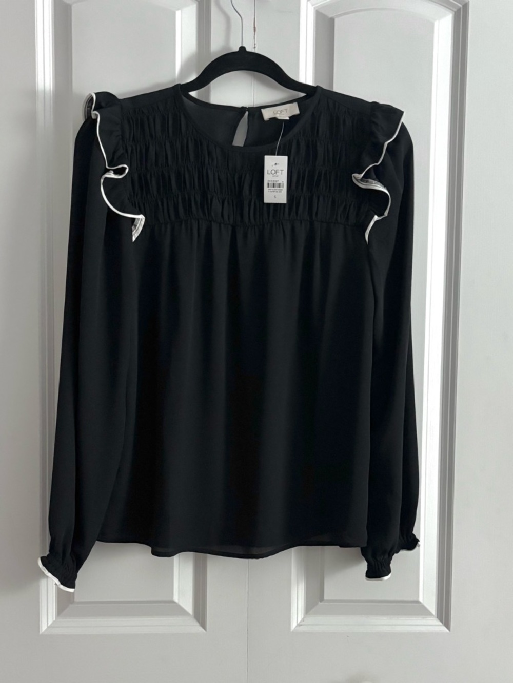NEW Ann Taylor LOFT Black Smocked Ruffle Long Sleeve Blouse